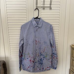 Casual Blue Button Down Shirt with Colorful Splatter Design